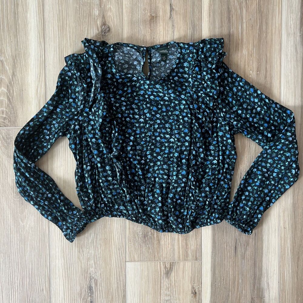 Teen Girls Long Sleeve Blue & Black Prairie Floral Blouse Top - Wild Fable sz xs